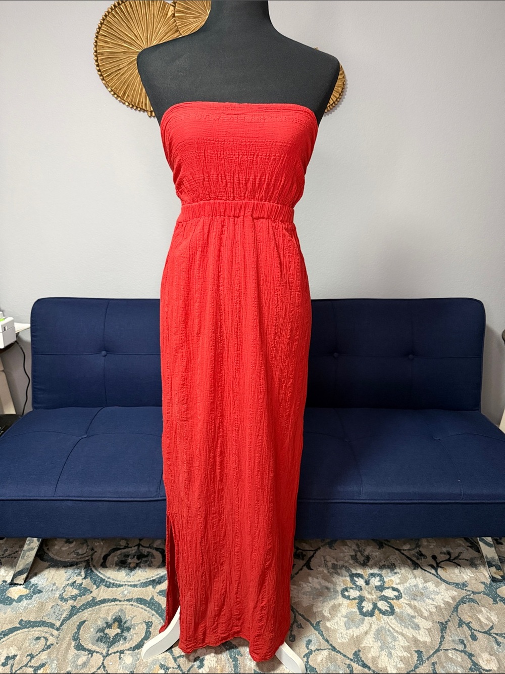 Ananda’s Collection 100% Cotton Crinkle Strapless Brick Red Maxi Dress